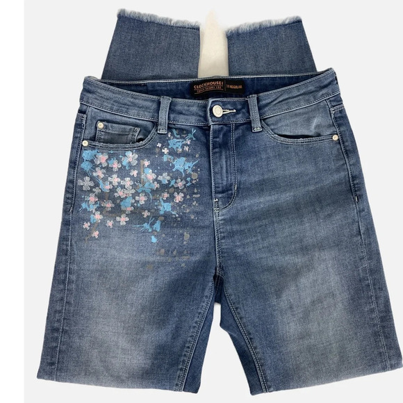 Clockhouse Super Skinny Jeans Distressed Faded Frayed Small Blue Painted Floral - Picture 3 of 14